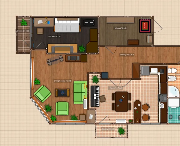 Interior planning diagram and moodboard for an open-plan living and dining area.