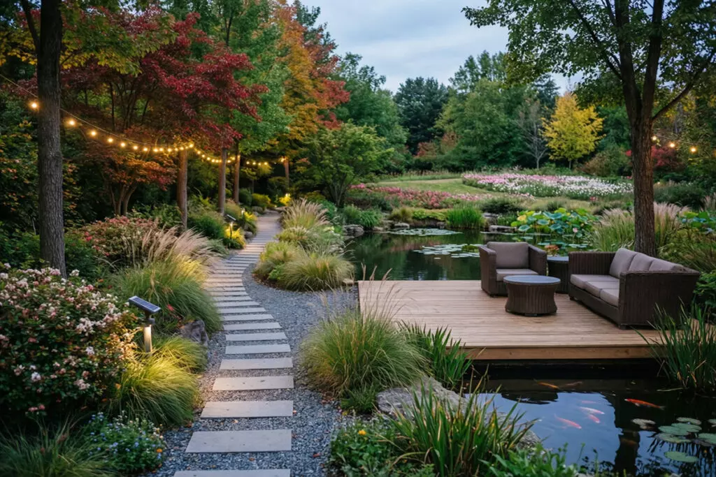 Lush garden border with seasonal flowers and greenery