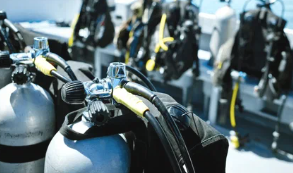 Diving service preparation with organized equipment near the marina