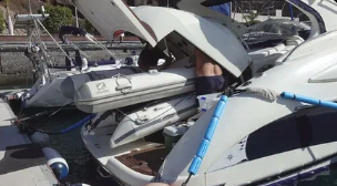 Detailed motor yacht exterior in marina